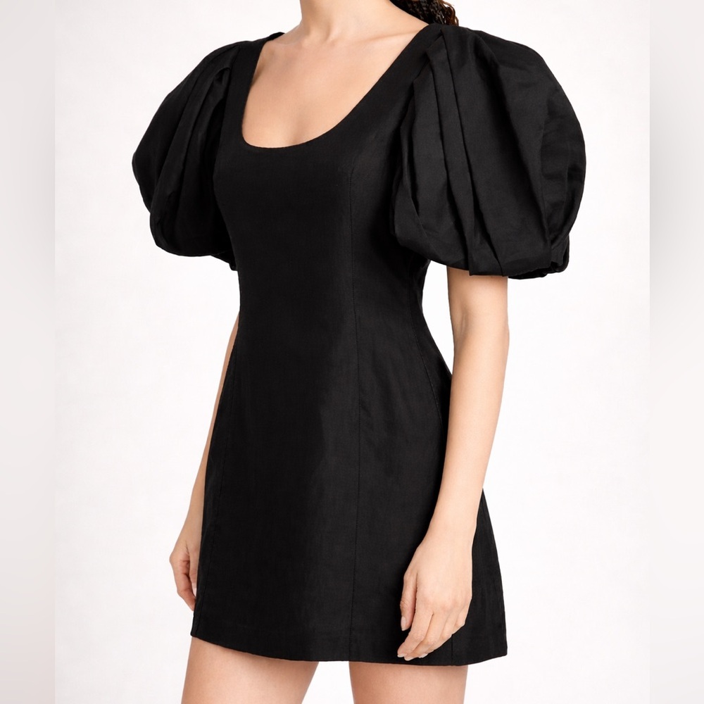 🆕 FRAME Noir Puff Sleeve Mini Dress S/P Black Viscose Linen Blend Party Office